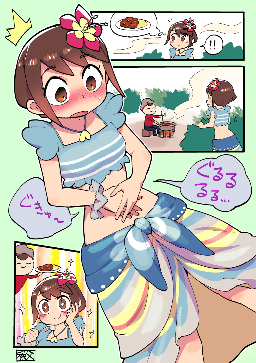 ! !! 1boy 1girl ^^^ blush brown_hair chichibu_(watson) comic commentary_request commission cooking curry eyelashes flower food gloria_(pokemon) gloria_(summer_2021)_(pokemon) hair_flower hair_ornament hands_on_own_stomach highres hungry looking_down nintendo official_alternate_costume open_mouth pink_flower pokemon pokemon_masters_ex pokemon_swsh sarong scrunchie shirt short_hair sleeveless sleeveless_shirt sparkle speech_bubble stomach_growling sweatdrop thought_bubble translation_request victor_(pokemon) wrist_scrunchie