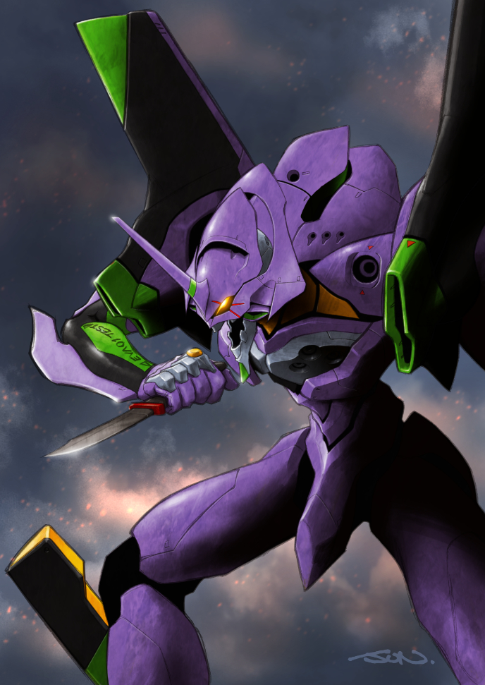 commentary_request eva_01 evangelion_(mecha) feet_out_of_frame glowing glowing_eye holding holding_knife holding_weapon horns knife mecha mecha_focus nakamura_jun&#039;ichi neon_genesis_evangelion no_humans open_mouth prog_knife robot science_fiction signature single_horn solo standing super_robot weapon yellow_eyes