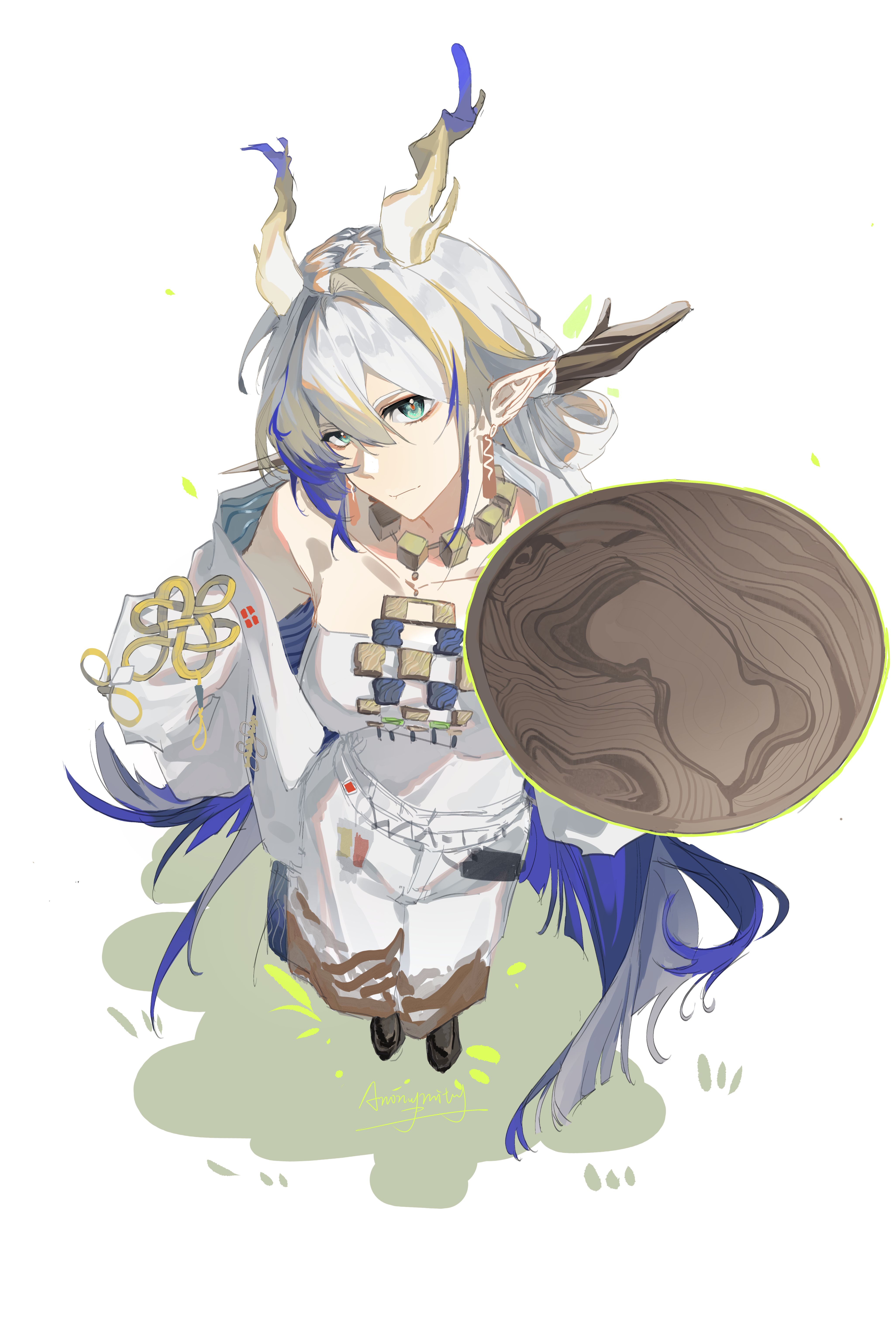 1girl absurdres arknights bare_shoulders blonde_hair chinese_commentary closed_mouth collarbone commentary_request dragon_girl dragon_horns earrings from_above full_body green_eyes grey_hair hair_between_eyes hair_intakes highres holding holding_tray horns jacket jewelry long_hair looking_at_viewer meiguanxiduoheyanjiang multicolored_hair necklace off_shoulder partial_commentary pointy_ears purple_hair shu_(arknights) simple_background solo standing strapless tray tube_top very_long_hair white_background white_jacket white_tube_top wooden_tray