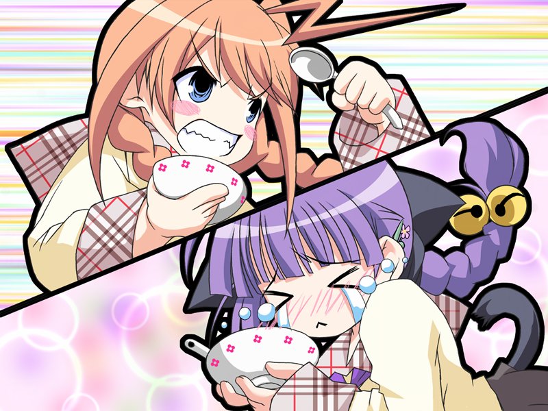 &gt;_&lt; 1boy 1girl :&lt; ahoge androgynous angry animal_ears aojiru battle bell blue_eyes blush bowl braid brown_hair clenched_teeth crossdressing closed_eyes food game_cg hagio_himawari hanamaru! jingle_bell kirishima_sumire long_hair purple_hair school_uniform serafuku spoon tail tears teeth trap twin_braids