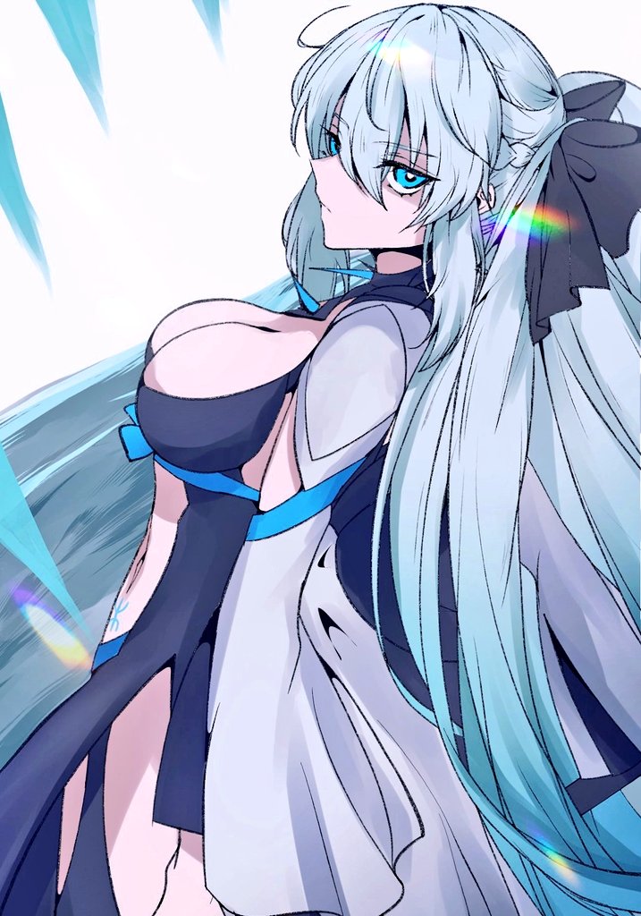1girl blue_eyes bow breasts fate/grand_order fate_(series) hair_bow large_breasts long_hair looking_at_viewer morgan_le_fay_(fate) morgan_le_fay_(third_ascension)_(fate) ponytail satou_nui solo spikes standing white_hair