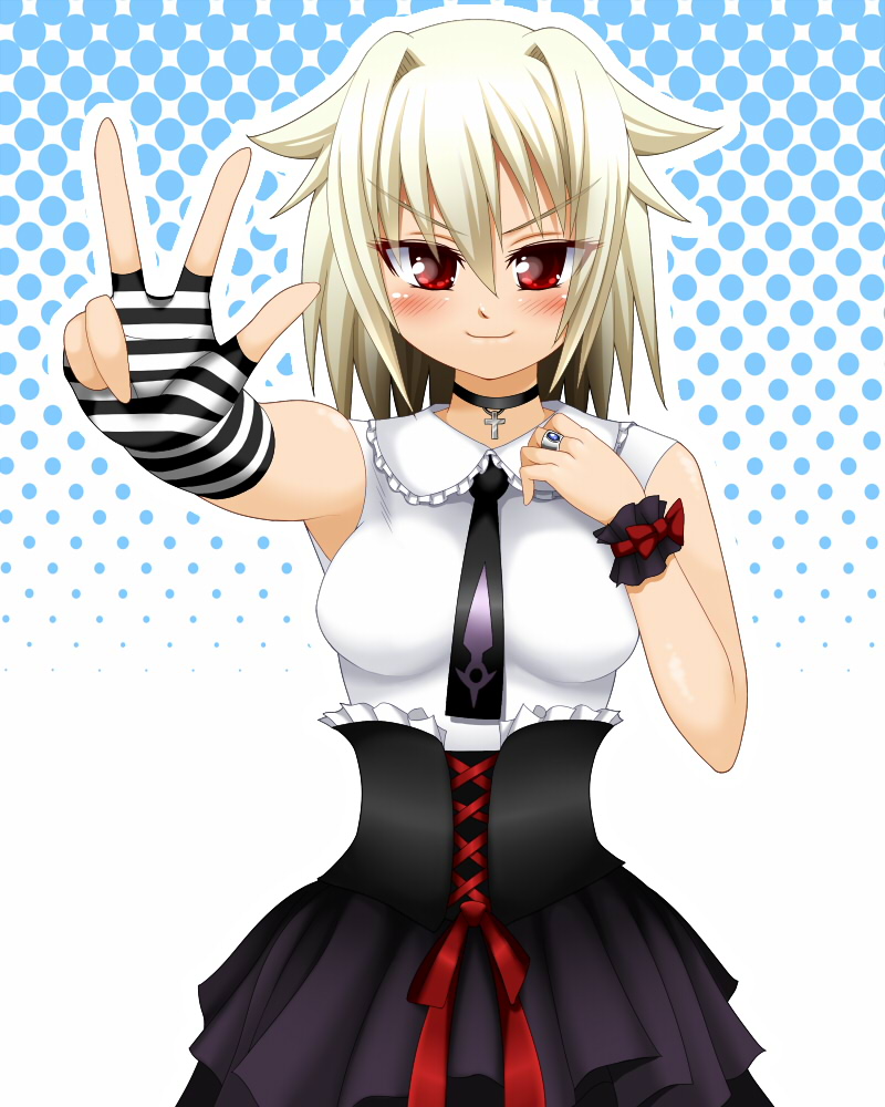 1girl alternate_costume alternate_hairstyle aq_interactive arcana_heart arcana_heart_3 artist_request black_skirt blush bracelet breasts choker corset crop_top cross crucifix fingerless_gloves frills gloves jewelry looking_at_viewer medium_breasts necklace necktie red_eyes ring skirt sleeveless smile v weiss_(arcana_heart)
