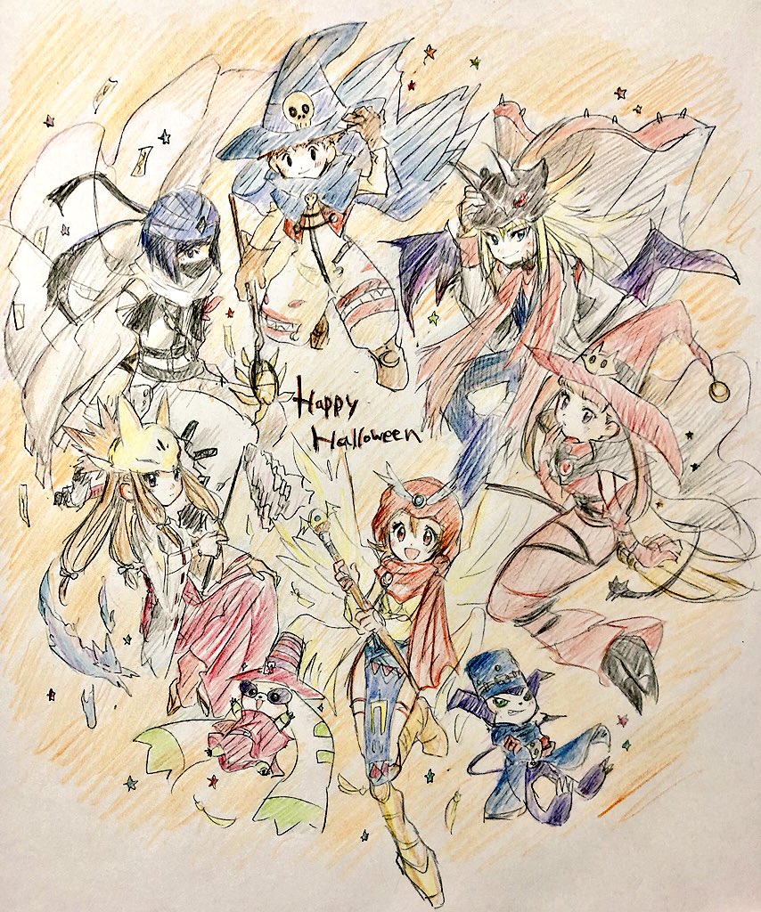 amano_nene_(digimon_xros_wars) aonuma_kiriha archnemon astamon baalmon darcmon digimon halloween ichijouji_ken impmon izumi_koshiro makino_ruki mummymon sakuyamon_miko_mode takenouchi_sora terriermon witchmon wizarmon
