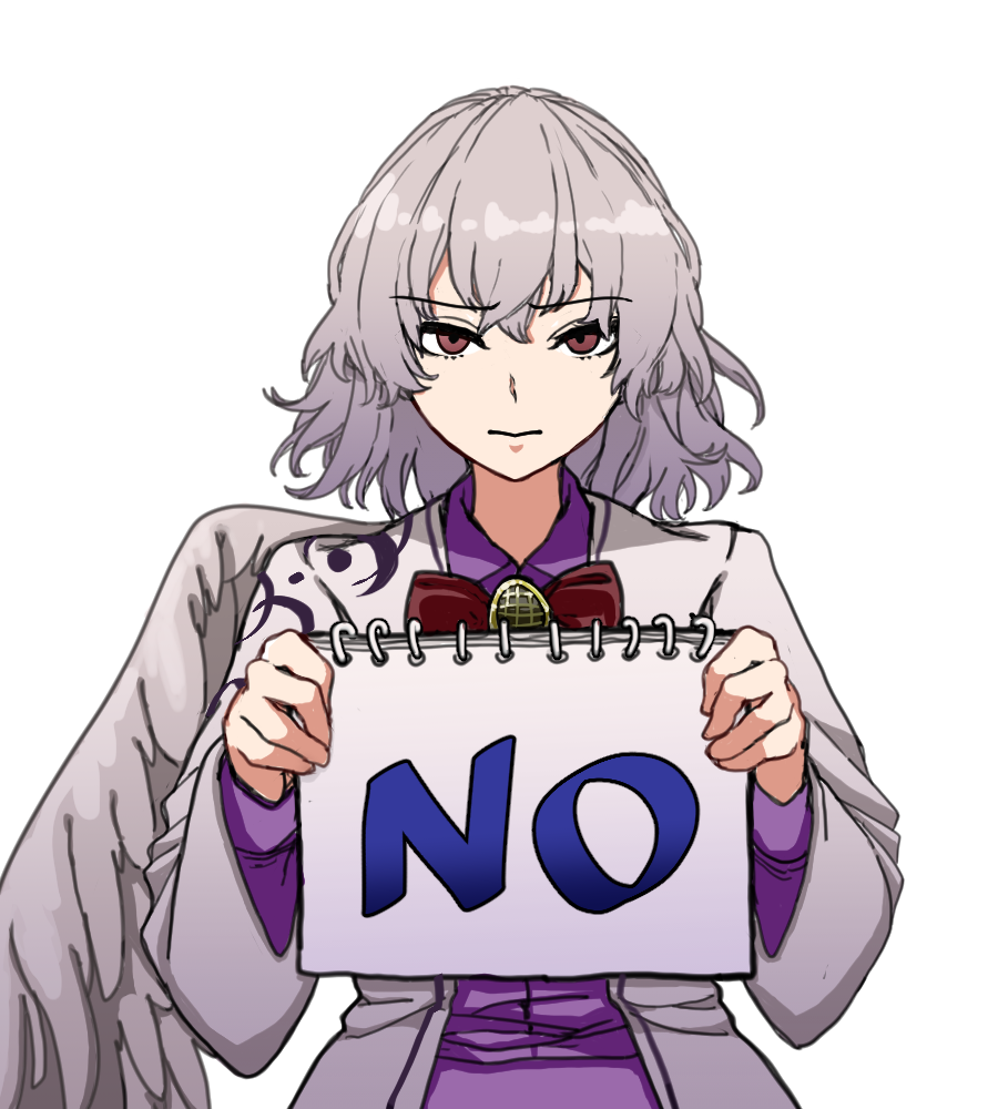 1girl angel_wings annoyed bow bowtie collared_shirt dress feathered_wings ghostship55 hair_between_eyes holding holding_notebook jacket kishin_sagume long_sleeves looking_at_viewer medium_hair no notebook purple_dress red_bow red_bowtie red_eyes shirt simple_background single_wing solo suit_jacket touhou upper_body white_background white_hair white_wings wings