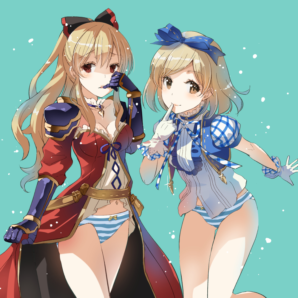 2girls armor blonde_hair bow commentary_request djeeta_(granblue_fantasy) dress finger_to_mouth gauntlets gloves granblue_fantasy hair_bow kimi_to_boku_no_mirai long_hair multiple_girls naruse_chisato no_pants panties pauldrons ponytail short_hair shoulder_armor striped_clothes striped_panties underwear vira_(granblue_fantasy)
