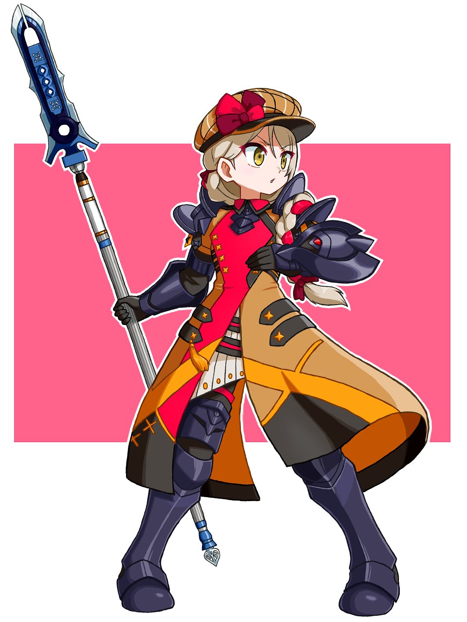 1girl adapted_costume armor armored_boots black_gloves boots bow braid brown_hat cabbie_hat fire_emblem fire_emblem_engage framme_(fire_emblem) full_body gloves hair_between_eyes hair_bow hat hat_bow highres holding holding_polearm holding_weapon light_brown_hair long_hair looking_afar multicolored_hair nintendo parameciumkun parted_lips pink_hair plaid_clothes plaid_headwear polearm red_bow serious shoulder_armor simple_background solo spear standing weapon white_background yellow_eyes