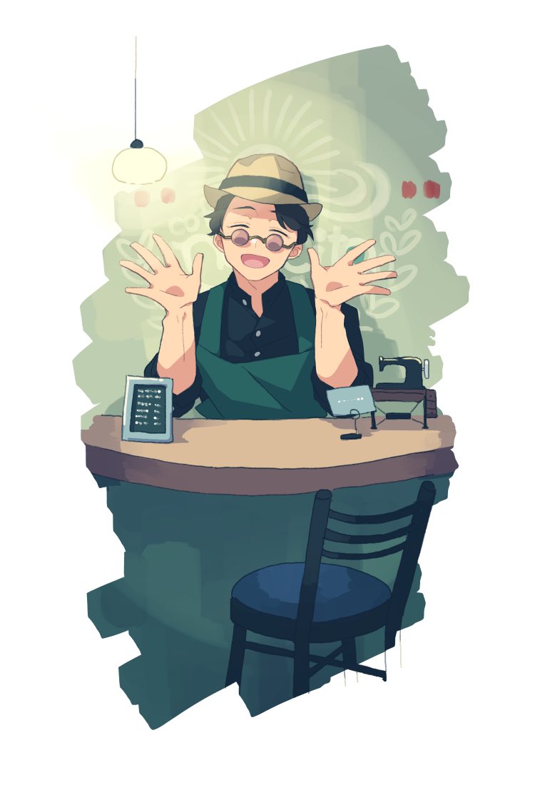 1boy apron black_hair black_shirt border brown_eyes brown_hat buttons cafe chair closed_eyes coffee collared_shirt commentary_request ebony_nightmare green_apron green_background hands_up happy hat isurugi_souichi kamen_rider kamen_rider_build_(series) light light_bulb looking_at_viewer male_focus menu menu_board open_hands open_mouth orange-tinted_eyewear outside_border pants porkpie_hat sewing_machine shirt short_hair sleeves_rolled_up smile solo standing tinted_eyewear white-framed_eyewear white_border