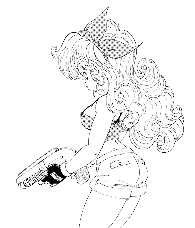 1girl blonde_hair breasts cleavage crop_top curly_hair dragon_ball dragon_ball_(classic) fenyon fingerless_gloves from_side gloves greyscale hair_ribbon hairband long_hair looking_to_the_side lunch_(bad)_(dragon_ball) lunch_(dragon_ball) midriff monochrome ribbon short_shorts shorts sideboob simple_background solo tank_top weapon