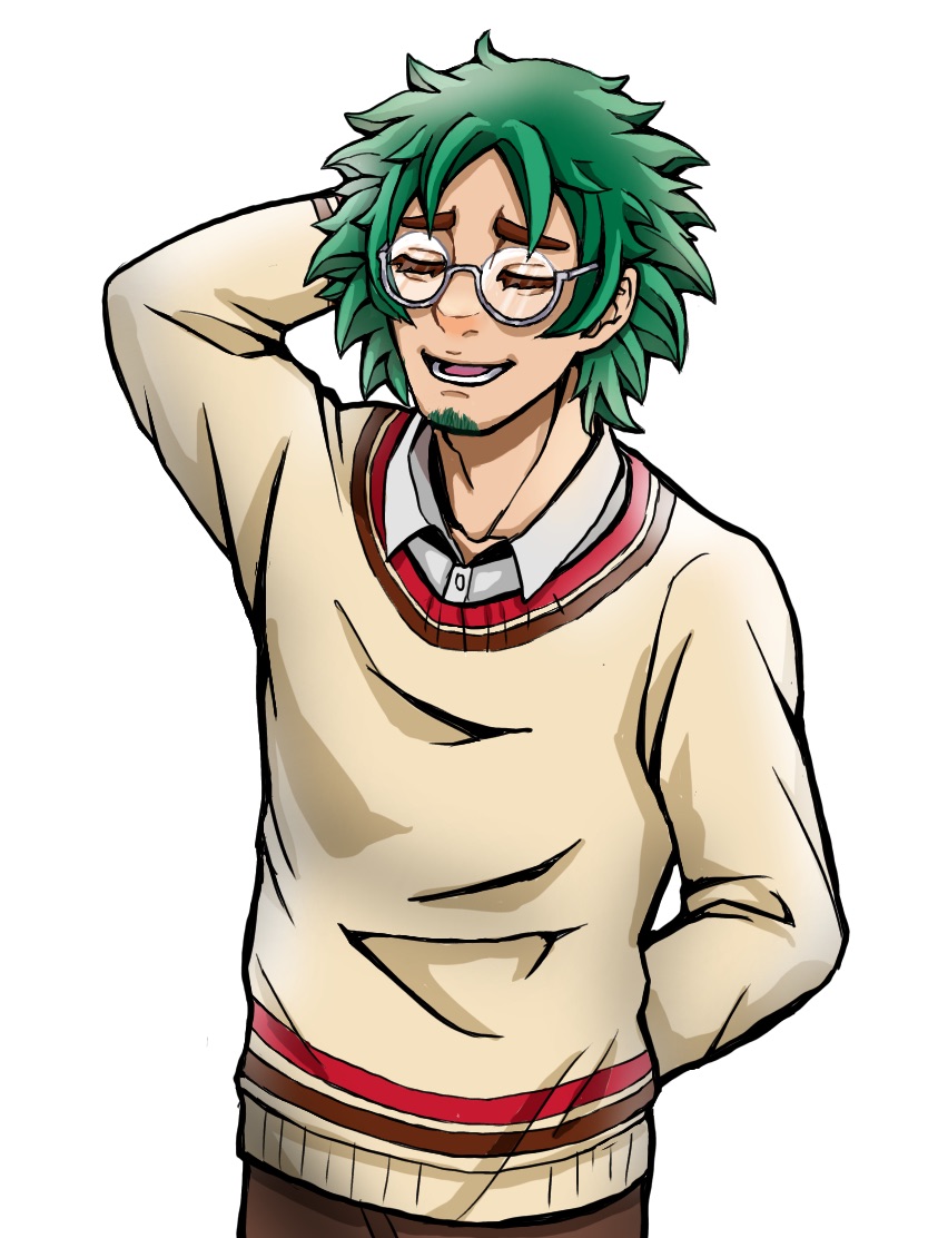 1boy animal_crossing aoppoi. beard closed_eyes facial_hair glasses green_facial_hair green_hair leopold_(animal_crossing) male_focus nintendo personification solo teeth white_background