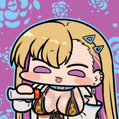 1girl amesuku_gyaru blonde_hair blush_stickers boryeon_(last_origin) breasts chibi choker colored_inner_hair earrings gyaru hair_ornament hairclip jazz_jack jewelry kogal large_breasts last_origin lowres lubrication mole mole_on_breast multicolored_hair purple_eyes purple_hair simple_background snow_leopard_boy solo_focus tongue tongue_out