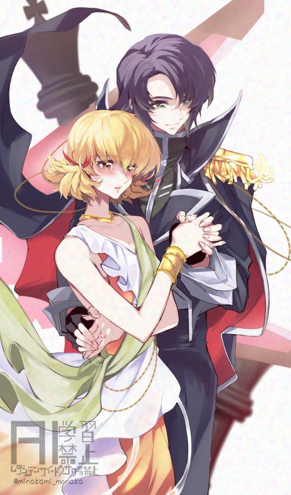 1boy 1girl amulet artist_name athrun_zala blonde_hair blue_hair cagalli_yula_athha chess_piece couple dress epaulettes green_eyes gundam gundam_seed gundam_seed_freedom hair_ornament holding_hands jacket jewelry justice_gundam king_(chess) military_jacket military_uniform minakami_monaka queen_(chess) ring short_hair sleeveless smile twitter_username watermark yellow_eyes