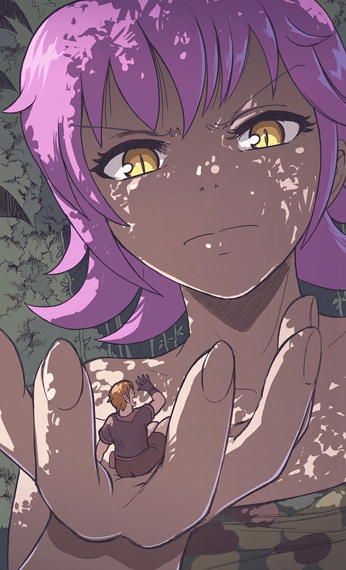 1boy 1girl anna_(karbo) bare_shoulders felarya giant giantess holding karbo purple_hair size_difference slit_pupils yellow_eyes