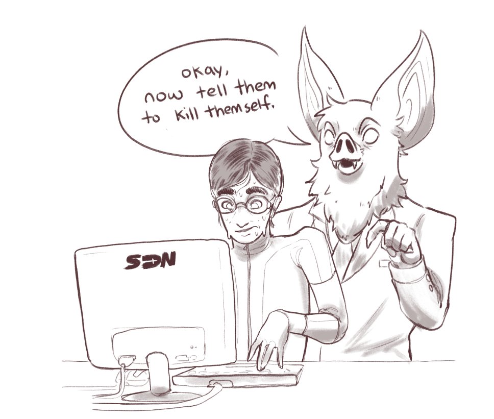 2boys animal_ears bat_boy bat_ears bodysuit computer computer_keyboard dispatch english_text formal_clothes goggles keeby_z meme monitor multiple_boys necktie ok_now_type_kill_yourself_loser_(meme) sonar_(dispatch) suit sweat typing waterboy_(dispatch) white_background