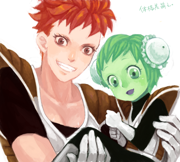 2girls acha armor bad_drawr_id bad_id blush brown_eyes bun_cover carrying child colored_skin double_bun dragon_ball dragonball_z drawr genderswap genderswap_(mtf) ginyu_force gloves green_eyes green_hair green_skin grin guldo hair_bun multiple_girls oekaki open_mouth recoome red_hair short_hair size_difference smile
