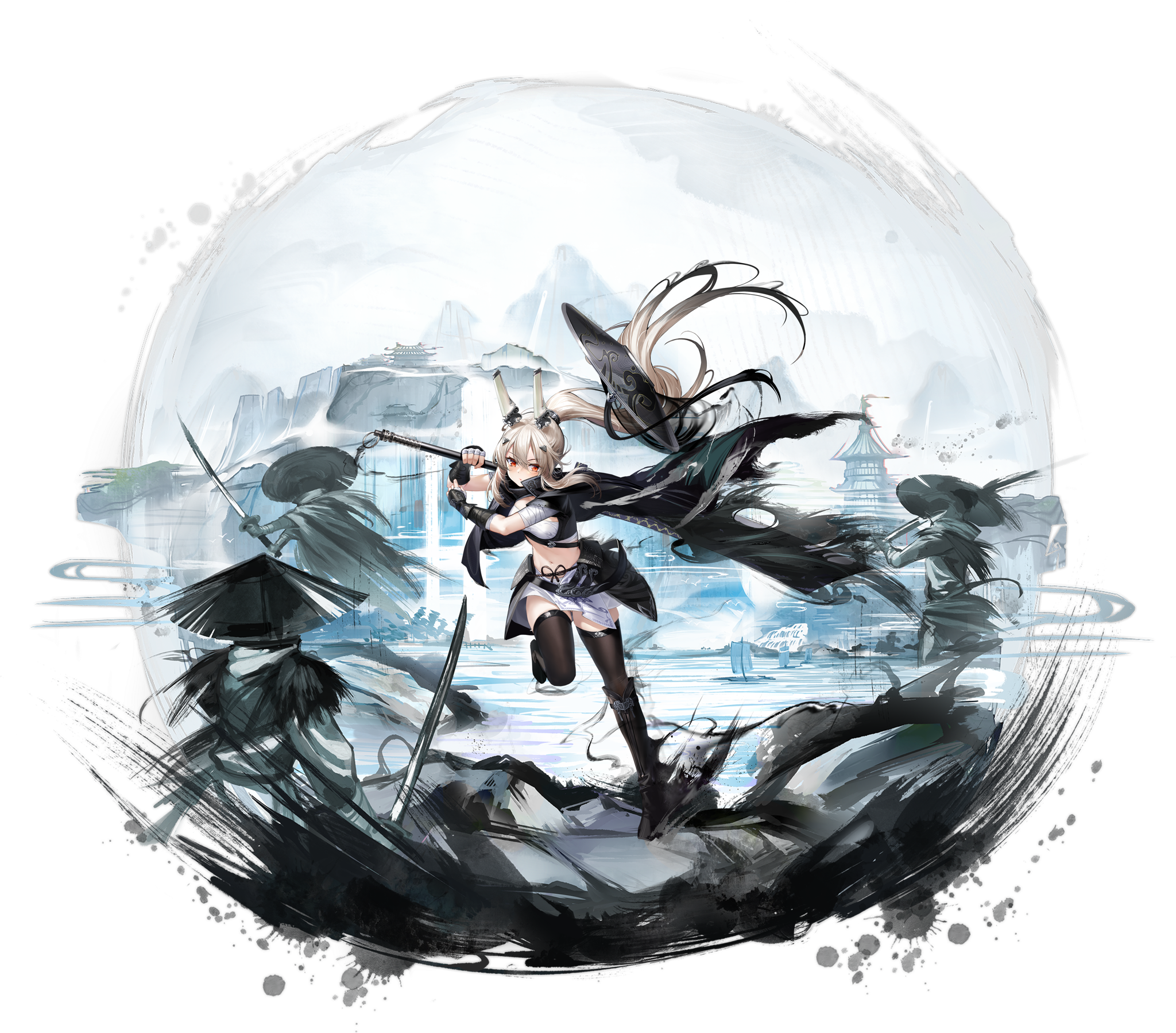 1girl ayanami_(azur_lane) ayanami_(dynasty_shipgirl)_(azur_lane) ayanami_(navalistic_showdown)_(azur_lane) azur_lane bandages black_footwear black_thighhighs boots cloak fingerless_gloves full_body gloves highres holding holding_weapon leg_up long_hair looking_at_viewer midriff navel official_alternate_costume official_art ootsuki_momiji ponytail red_eyes silver_hair thighhighs transparent_background weapon