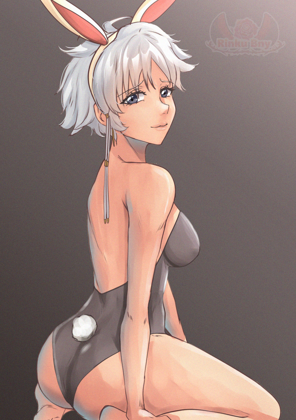 1girl animal_ears artist_name bare_back bare_shoulders bleach breasts fake_animal_ears fake_bunny_ears fake_tail female_focus highres kotetsu_isane leotard looking_at_viewer playboy_bunny rinku_bny short_hair sidelocks simple_background small_breasts strapless strapless_leotard tail thighs white_hair