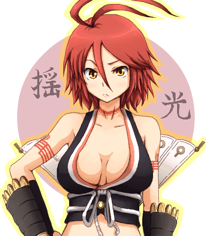 .hack// .hack//g.u. 1girl ahoge alkaid_(.hack//) antenna_hair breasts closed_mouth crop_top looking_at_viewer lowres medium_breasts midriff red_hair runaru short_hair solo tattoo yellow_eyes