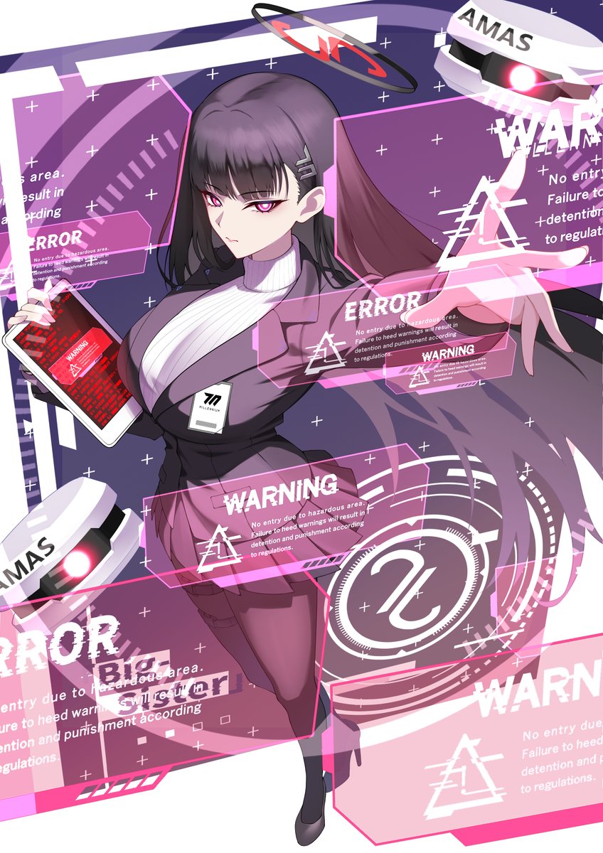 1girl black_hair black_halo black_pantyhose black_shoes blue_archive breasts bright_pupils commentary_request english_text error_message full_body hair_ornament hairclip halo highres holding holding_tablet_pc kurosaki_saya large_breasts long_hair looking_at_viewer millennium_science_school_logo multicolored_halo outstretched_arm pantyhose red_eyes ringed_eyes rio_(blue_archive) shoes solo sweater tablet_pc turtleneck turtleneck_sweater two-tone_halo very_long_hair white_pupils white_sweater