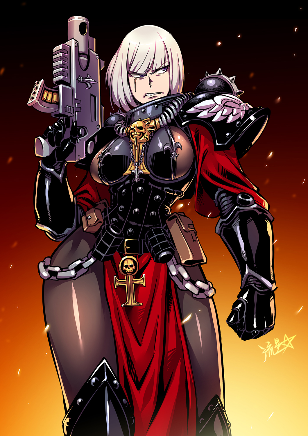 .75_calibre_bolt 1girl adepta_sororitas ammunition anti-materiel_cartridge armor bolt_(warhammer_40k) bolt_pistol bolter breasts chain commentary embers english_commentary fleur-de-lis frown gun high-explosive_cartridge highres holding holding_gun holding_weapon leggings looking_to_the_side pauldrons pouch power_armor revealing_clothes rocket-assisted_projectile rosary ryuusei_(mark_ii) scar scar_across_eye scar_on_face shoulder_armor sideboob signature skull solo warhammer_40k weapon white_hair window_magazine