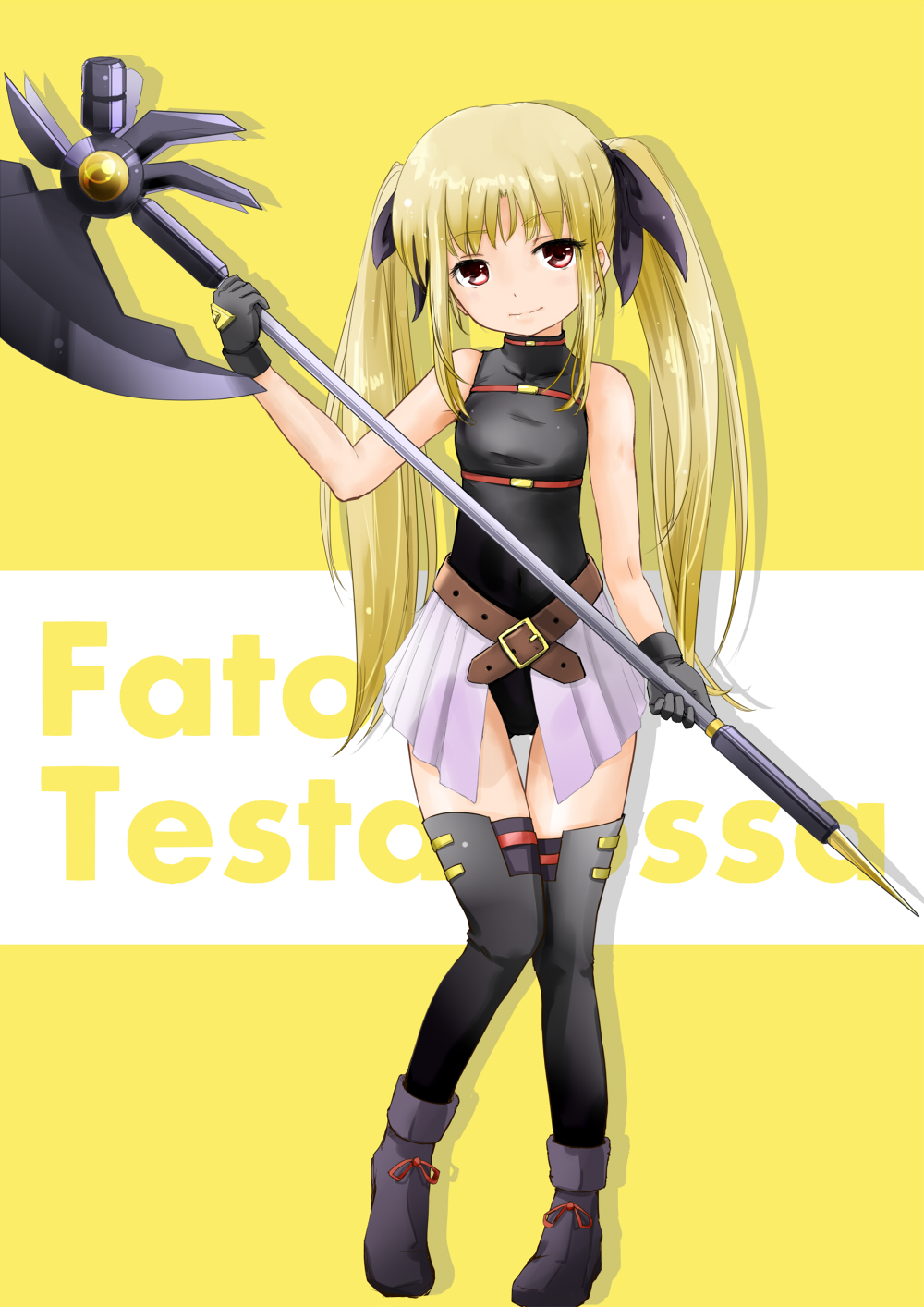 1girl axe ban_(777purin) bardiche_(axe_form)_(nanoha) bardiche_(nanoha) battle_axe belt belt_bra black_gloves black_leotard black_ribbon black_shoes black_thighhighs blonde_hair brown_belt character_name closed_mouth commentary english_text engrish_text fate_testarossa fate_testarossa_(movie_1st_form) full_body gloves hair_ribbon highres holding holding_weapon leotard long_hair looking_at_viewer lyrical_nanoha magical_girl mahou_shoujo_lyrical_nanoha mahou_shoujo_lyrical_nanoha_the_movie_1st miniskirt pink_skirt pleated_skirt ranguage red_eyes ribbon shadow shoes sidelocks skirt sleeveless smile solo standing text_background thigh_gap thighhighs twintails weapon yellow_background