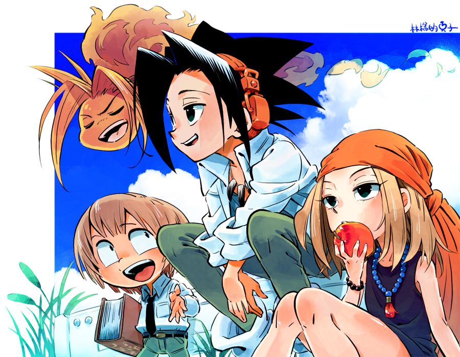 1girl 3boys amidamaru apple apple-boy asakura_yoh bandana bead_bracelet bead_necklace beads black_dress black_necktie book bracelet brown_hair closed_eyes collared_shirt dress eating food fruit grass green_pants happy headphones holding holding_book holding_food jewelry kyouyama_anna multiple_boys necklace necktie open_mouth orange_bandana oyamada_manta pants school_uniform shaman_king shirt sitting smile spiked_hair