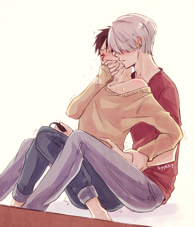 2boys covering_another&#039;s_mouth katsuki_yuuri knees_up kyyhky multiple_boys sex_toy viktor_nikiforov yaoi yuri!!!_on_ice