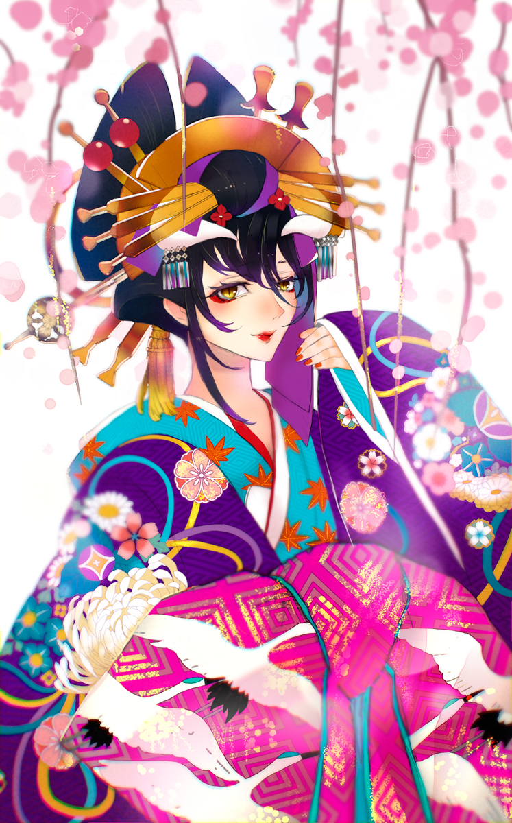 1girl albedo_(overlord) alternate_costume alternate_hairstyle animal_print bad_id bad_pixiv_id bird bird_print black_hair blurry blurry_background blurry_foreground blush cherry_blossoms closed_mouth crane_(animal) depth_of_field eyeshadow female_focus fingernails hair_ornament hairpin highres horocca japanese_clothes kimono lipstick long_sleeves looking_at_viewer makeup nail_polish overlord_(maruyama) purple_kimono red_lips red_nails ribbon sleeves_past_wrists slit_pupils smile solo upper_body yellow_eyes