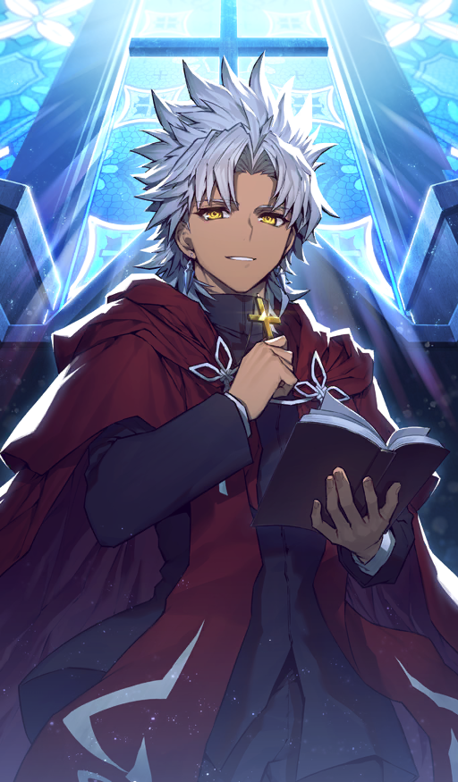 1boy amakusa_shirou_(fate) black_jacket black_pants blue_background book cape christianity church commentary cowboy_shot cross cross_necklace curtained_hair dark-skinned_male dark_skin earrings fate/apocrypha fate/grand_order fate_(series) from_below gold_necklace high_collar holding holding_book holding_cross holding_jewelry holding_necklace indoors jacket jewelry latin_cross light_particles light_rays long_sleeves looking_at_viewer male_focus medium_hair necklace official_art open_book pants parted_lips red_cape routo shirt smile solo spiked_hair stained_glass standing stole teeth third-party_source white_hair white_shirt yellow_eyes