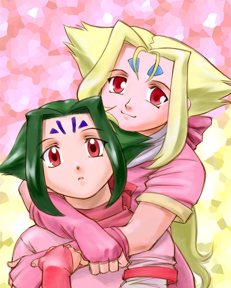 blonde_hair closed_mouth commentary_request dual_persona facial_mark fingerless_gloves fiona_(zoids) forehead_mark gloves green_hair hair_ribbon long_hair looking_at_viewer ponytail red_eyes ribbon shirt smile ueyama_michirou very_long_hair zoids zoids_chaotic_century