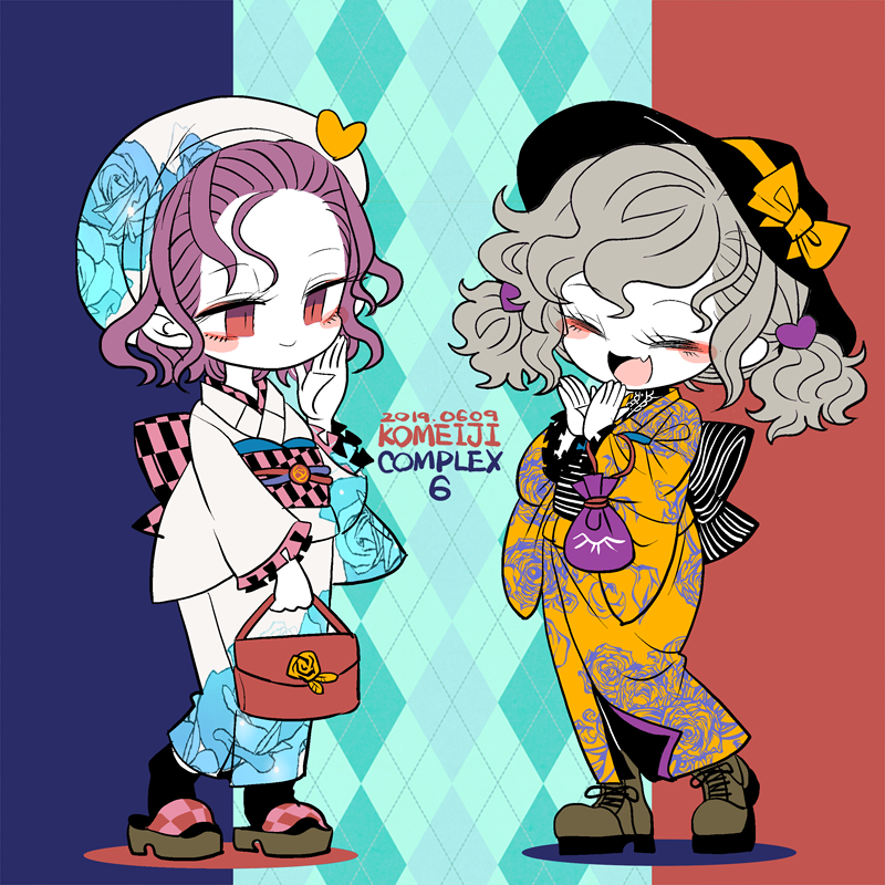 2girls :d alternate_costume back_bow bag beret black_bow black_headwear blush boots bow character_name checkered_bow checkered_clothes clapping closed_eyes closed_mouth dated facing_another fang floral_print frilled_sleeves frills full_body geta green_hair grey_footwear hair_ornament hand_on_own_cheek hand_on_own_face handbag hat hat_bow hat_ornament heart heart_hair_ornament heart_hat_ornament holding holding_bag holding_sack japanese_clothes kimono komeiji_koishi komeiji_satori long_sleeves looking_at_another medium_hair multiple_girls obi open_mouth pink_bow purple_eyes purple_hair red_bag rose_print sack sash shoelaces siblings sisters skin_fang smile striped_bow tongue touhou twintails white_headwear white_kimono yellow_bow yellow_kimono yt_(wai-tei)