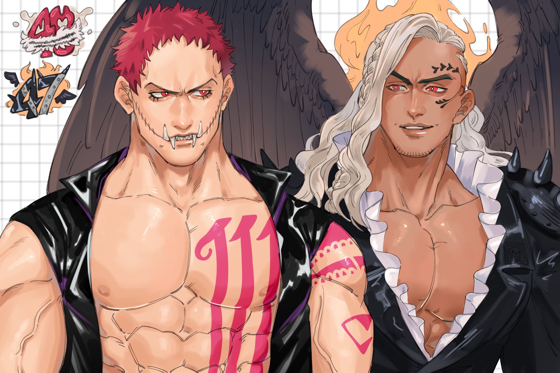 2boys abs asymmetrical_hair black_jacket black_wings braid charlotte_katakuri chest_tattoo dark_skin facial_tattoo fangs fangs_out feathered_wings fire frilled_shirt frills highres jacket king_(one_piece) large_pectorals long_hair looking_at_another male_focus multiple_boys muscular muscular_male nipples one_piece parted_lips pectorals red_eyes red_hair shirt short_hair shoulder_spikes sleeveless sleeveless_jacket smile spikes stitches tattoo upper_body veins veiny_arms white_hair white_shirt wings yato_0410