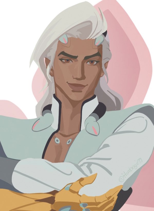 brown_eyes closed_mouth collarbone collared_vest commentary_request dark-skinned_male dark_skin floatinge99 forked_eyebrows hand_on_own_elbow korean_commentary lifeweaver_(overwatch) long_hair long_sleeves looking_ahead open_clothes open_vest overwatch overwatch_2 pink_wings pointy_ears prosthesis prosthetic_arm simple_background smile upper_body vest white_background white_hair wings