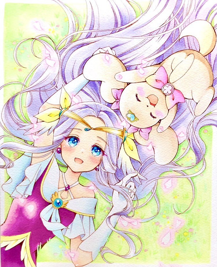 1girl :3 :d animal_ears arm_up blue_eyes blush bow circlet closed_eyes commentary_request cure_earth dog ear_ribbon earrings elbow_gloves fuurin_asumi gloves grass hair_ornament healin&#039;_good_precure healing_animal index_finger_raised jewelry latte_(precure) lilylily0601 long_hair lying magical_girl on_grass open_mouth petals precure purple_hair smile solo white_gloves wings