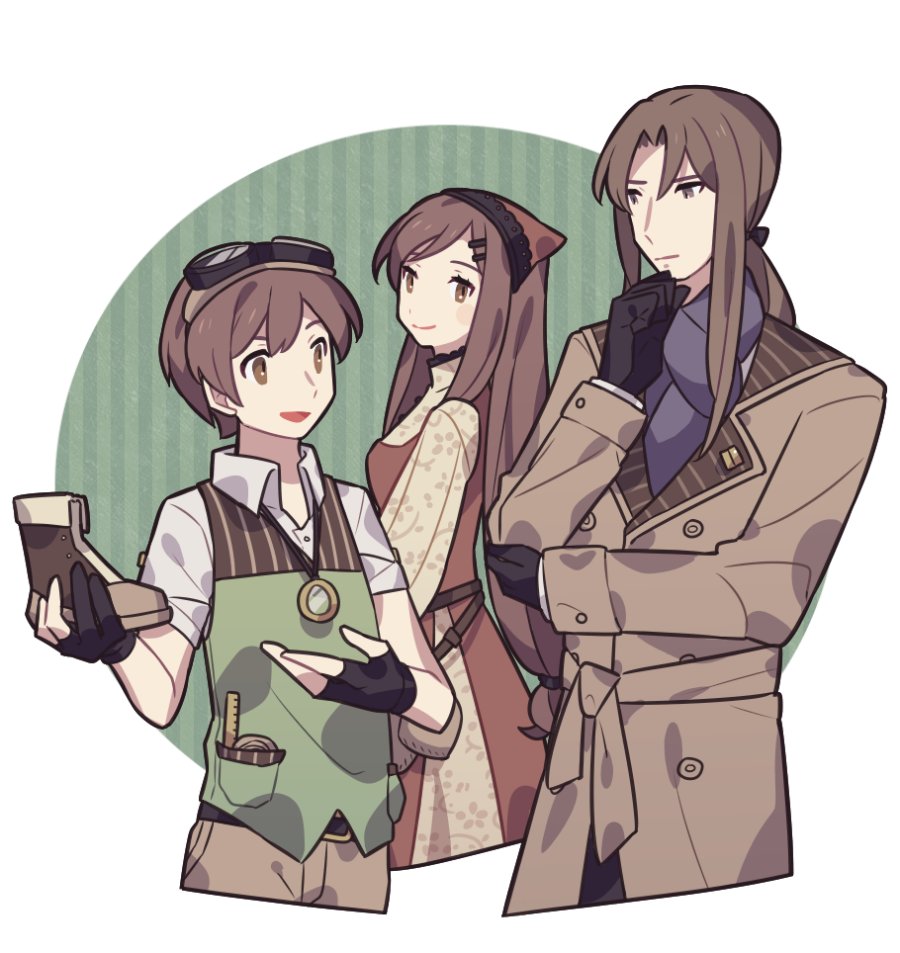 1girl 2boys altena_(fire_emblem) arion_(fire_emblem) black_gloves boots border brown_coat brown_eyes brown_footwear brown_hair buttons closed_mouth coat commentary eyelashes fingerless_gloves fire_emblem fire_emblem:_genealogy_of_the_holy_war gloves goggles goggles_on_head green_background haconeri holding holding_boots holding_footwear holding_unworn_clothes leif_(fire_emblem) long_hair multiple_boys nintendo outside_border round_border smile symbol-only_commentary unworn_boots unworn_footwear white_border