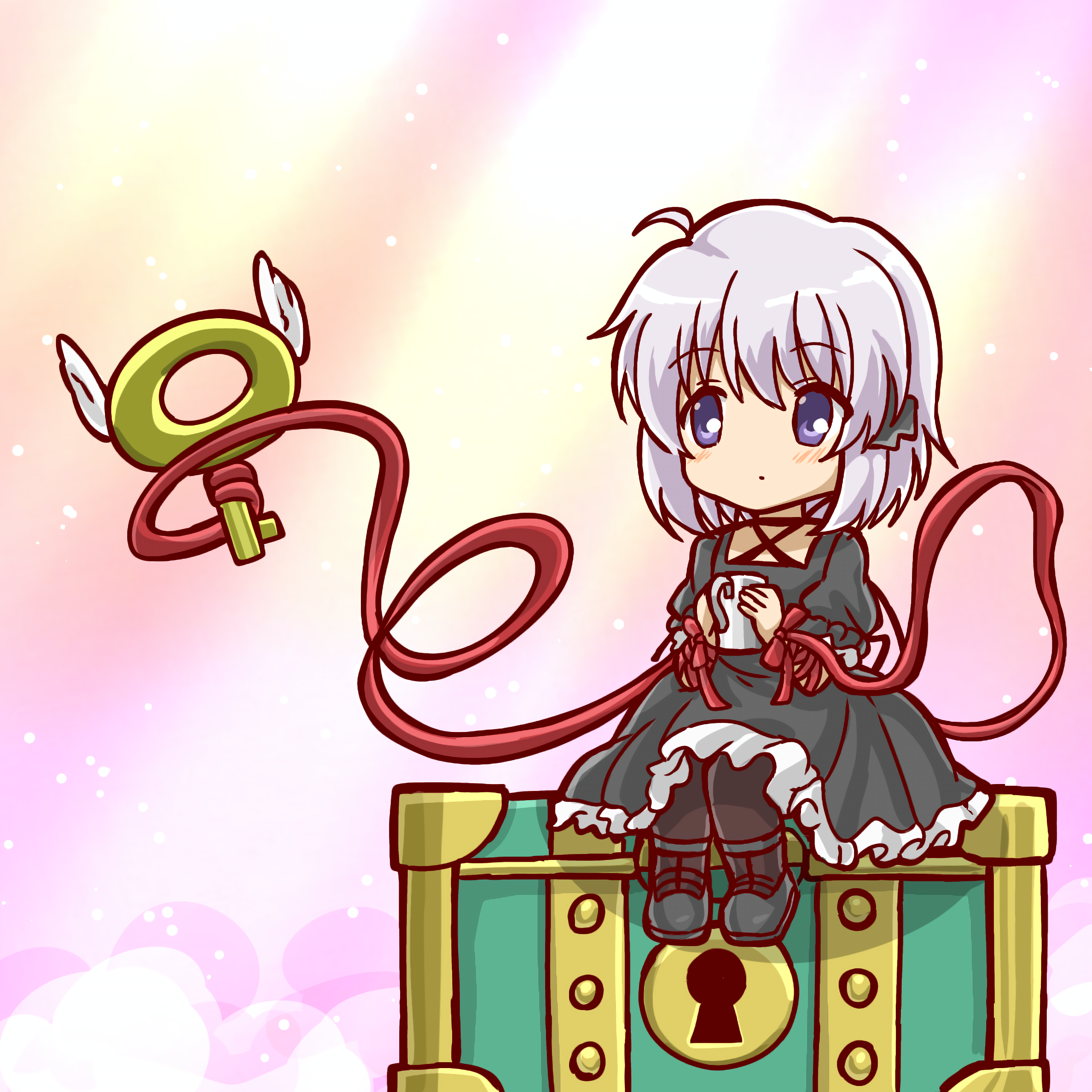 1girl absurdres arm_ribbon black_dress chest_(furniture) crossover donkey_kong_(series) dress hair_ornament highres kagari_(rewrite) looking_at_viewer marihei64ds mario_(series) mario_vs._donkey_kong nintendo purple_eyes red_ribbon rewrite ribbon short_hair short_sleeves solo treasure_chest white_hair