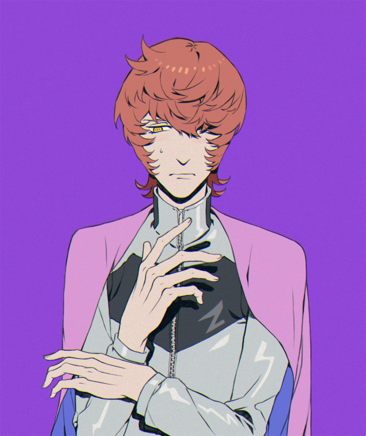 1boy blush brown_hair cape classicaloid closed_mouth fingernails frederic_chopin_(classicaloid) grey_shirt hair_over_one_eye male_focus nervous purple_cape ringed_eyes sf_jd shirt short_hair solo sweatdrop upper_body yellow_eyes zipper