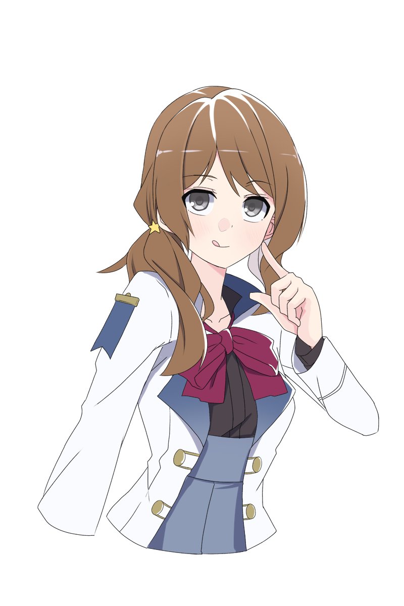 1girl :q arm_at_side assault_lily black_shirt blue_skirt bow bowtie brown_hair closed_mouth commentary cropped_arms cropped_torso finger_to_cheek grey_eyes gumoyu hair_ornament hand_up herensuge_girls_academy_school_uniform high-waist_skirt highres iijima_renka jacket light_blush long_hair long_sleeves looking_at_viewer low_side_ponytail open_clothes open_jacket red_bow red_bowtie school_uniform shirt side_ponytail simple_background skirt smile solo star_(symbol) star_hair_ornament tongue tongue_out upper_body white_background white_jacket