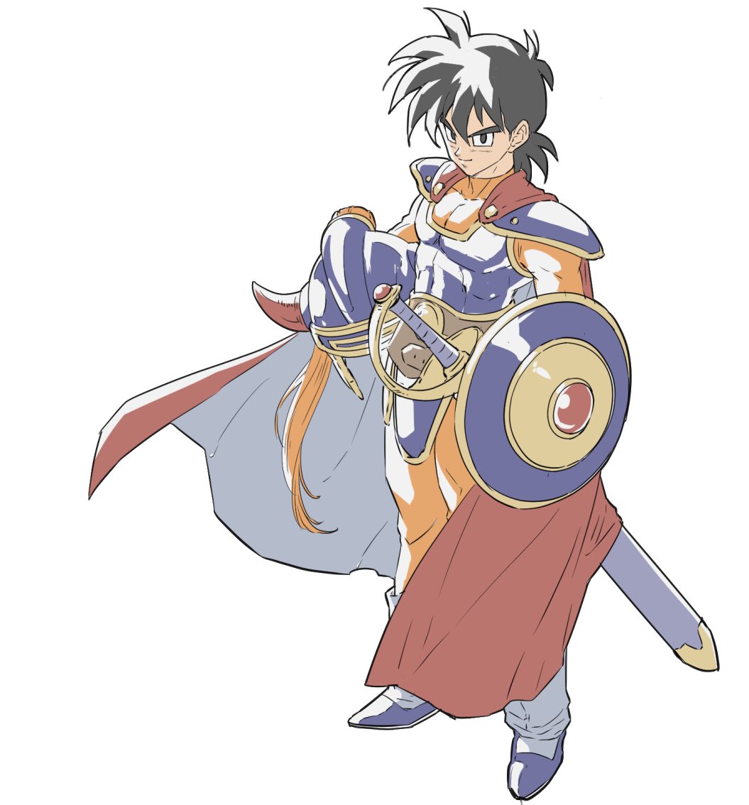 1boy armor black_hair blue_armor blue_helmet bodysuit cape cuirass dragon_quest dragon_quest_i fake_horns helmet hero_(dq1) holding holding_helmet horned_helmet horns orange_bodysuit red_cape sheath sheathed shield shoulder_armor simple_background sjw_kazuya solo sword weapon white_background
