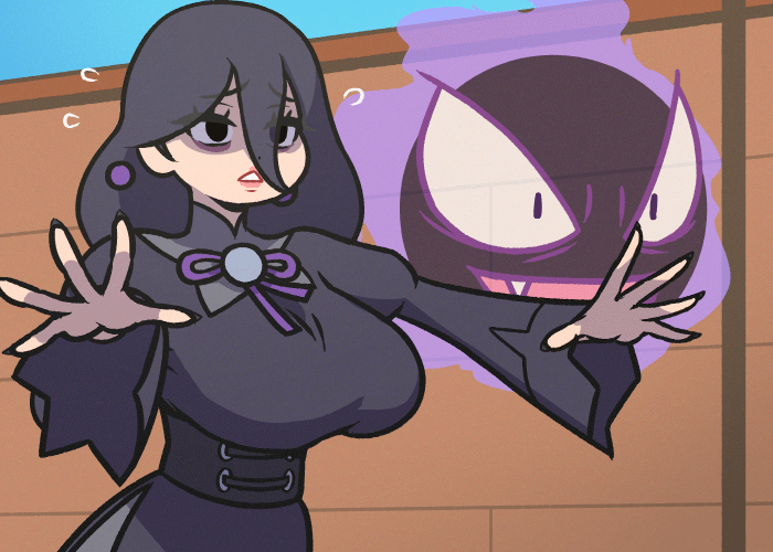 1girl :o @_@ akairiot alt_text alternate_breast_size animated animated_gif bags_under_eyes black_dress black_hair bouncing_breasts breasts dress gastly gen_1_pokemon hair_between_eyes hex_maniac_(pokemon) hex_maniac_(pokemon_legends:_z-a) large_breasts long_hair long_sleeves nintendo open_mouth outstretched_arms pokemon pokemon_legends:_z-a running sweat