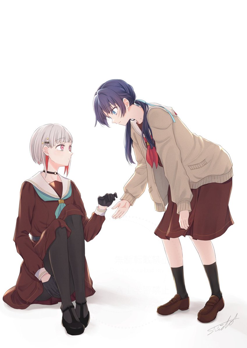2girls aqua_neckerchief black_gloves black_pantyhose black_shoes black_socks blue_eyes blue_ribbon brown_cardigan brown_dress brown_shoes cardigan commentary_request dress eye_contact full_body gloves grey_hair hair_ornament hair_ribbon hairclip half_gloves hasu_no_sora_school_uniform knees_up leaning_forward link!_like!_love_live! loafers long_hair long_sleeves looking_at_another love_live! low_twintails medium_dress multicolored_hair multiple_girls murano_sayaka neckerchief offering_hand open_cardigan open_clothes pantyhose pink_eyes pleated_dress red_hair red_neckerchief ribbon sailor_collar sailor_dress school_uniform shoes short_hair signature simple_background sitting socks star_(symbol) star_hair_ornament streaked_hair suito twintails virtual_youtuber white_background white_sailor_collar winter_uniform yugiri_tsuzuri
