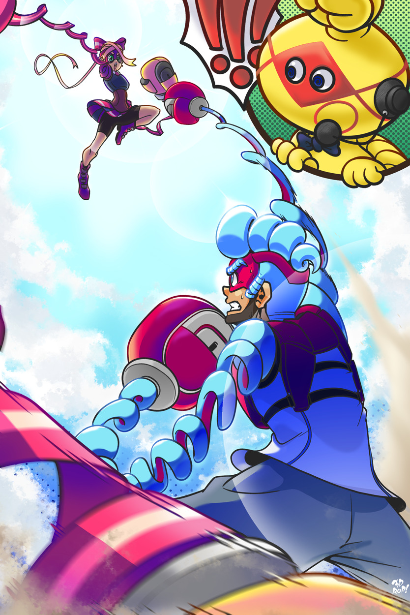 1boy 1girl 3d_rod! arms_(game) biff_(arms) bike_shorts blue_eyes blue_hair bow hair_bow highres jumping midair open_mouth ribbon_girl_(arms) skirt spring_man_(arms) extendable_limbs toaster_(arms)