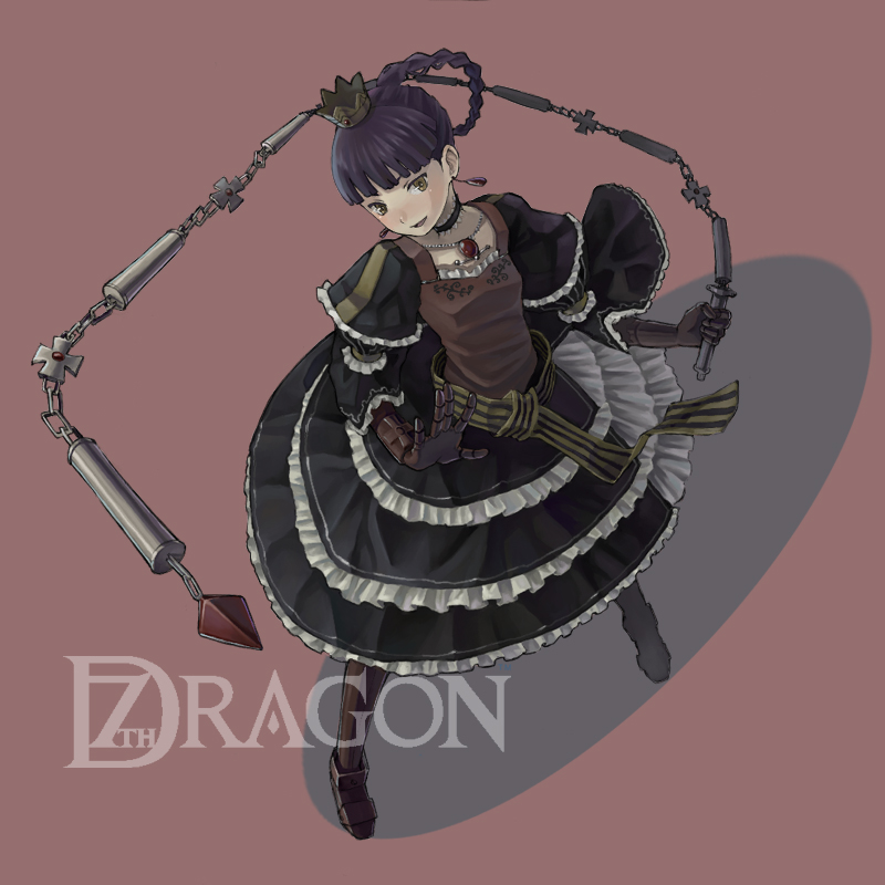 1girl 7th_dragon 7th_dragon_(series) alusha_(7th_dragon) armor blush braid brown_eyes choker crown dress earrings female_focus gauntlets greaves jewelry long_hair metalinu necklace princess_(7th_dragon) purple_hair solo whip