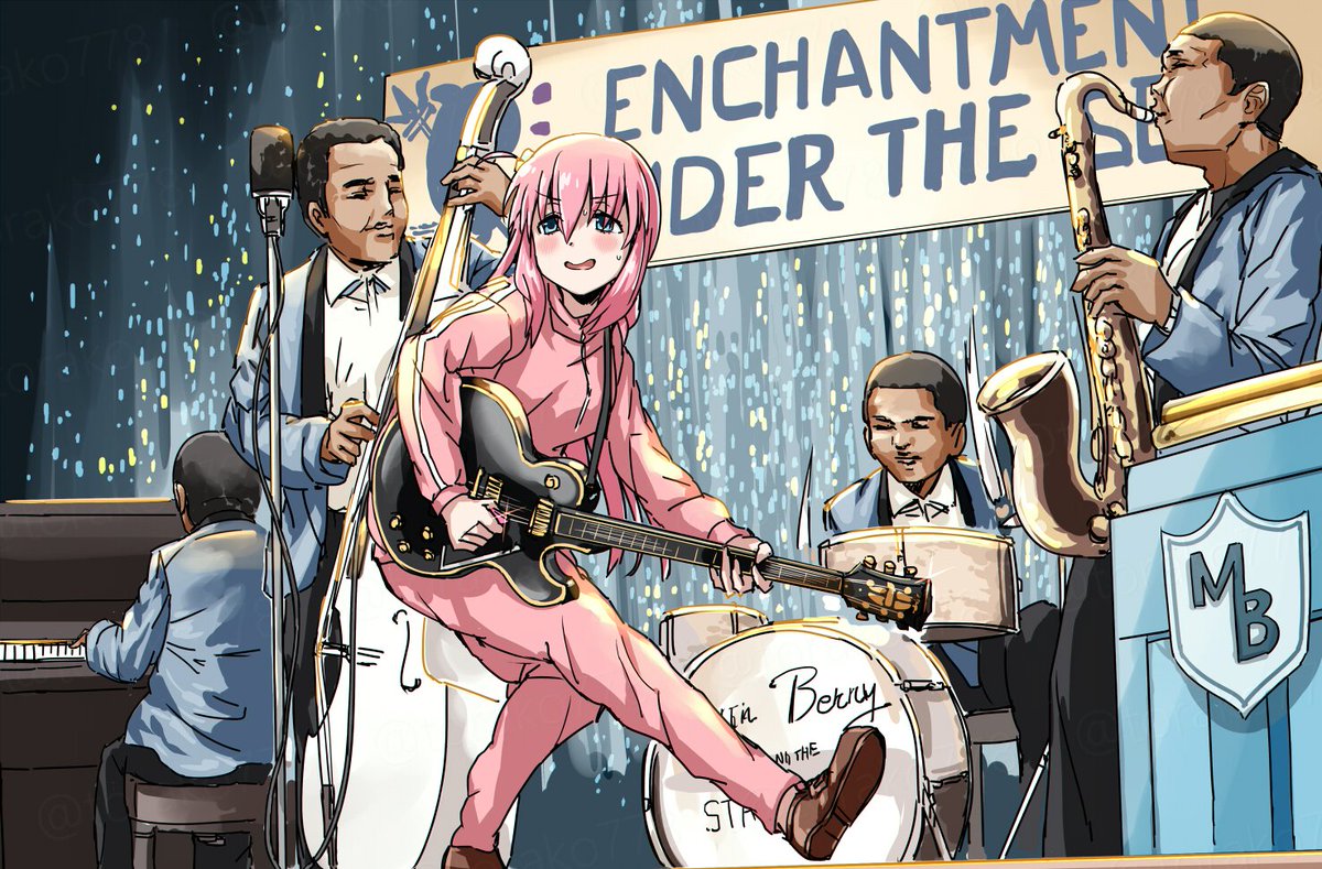 4boys back_to_the_future bocchi_the_rock! dark-skinned_male dark_skin drum english_text gotoh_hitori instrument jacket multiple_boys music pants piano pink_hair pink_jacket pink_pants pink_track_suit playing_guitar playing_instrument saxophone scene_reference torako_(toramaru) track_suit