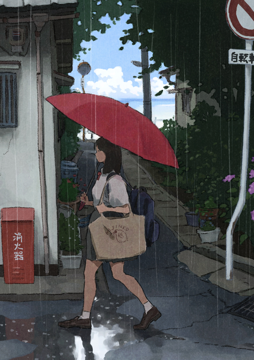 1girl alley ankle_socks backpack bag beach black_hair cloud cloudy_sky commentary daphnia day drain_(object) drainpipe electricity_meter female_focus fire_extinguisher flower flower_pot high_heels highres holding holding_umbrella hydrangea long_hair original plankton plant potted_plant puddle pumps rain reflection road_sign school_bag school_uniform shoes sign skirt sky slice_of_life socks solo tnt_(aaaazzzz) traffic_mirror umbrella utility_pole