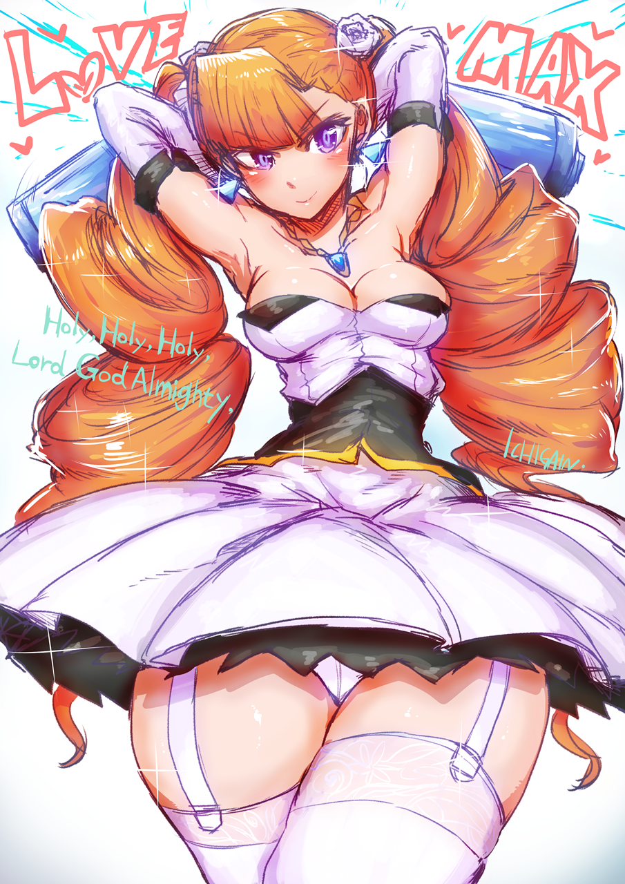 1girl aq_interactive arcana_heart arcana_heart_2 artist_name bare_shoulders blue_eyes blush breasts cleavage collarbone corset curvy dress drill_hair earrings examu flower gloves hair_flower hair_ornament highres ichigain jewelry long_hair looking_at_viewer medium_breasts narrow_waist pendant petra_johanna_lagerkvist rose smile thick_thighs thighhighs thighs white_flower white_rose wide_hips zettai_ryouiki