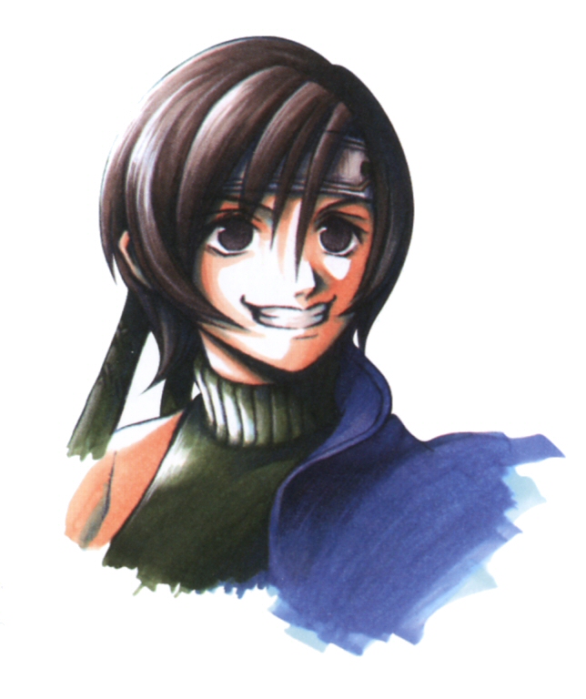 1girl brown_eyes brown_hair chest_harness close-up commentary cropped_torso english_commentary final_fantasy final_fantasy_vii forehead_protector green_sweater grin hair_between_eyes harness headband looking_afar looking_to_the_side marker_(medium) nomura_tetsuya off_shoulder official_art parted_bangs portrait production_art promotional_art ribbed_sweater short_hair simple_background single_bare_shoulder sleeveless sleeveless_sweater sleeveless_turtleneck smile solo sweater swept_bangs third-party_source traditional_media turtleneck white_background yuffie_kisaragi