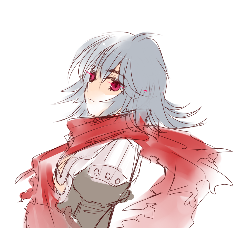 1boy armor assassin_cross_(ragnarok_online) black_shirt closed_mouth eremes_guile expressionless eye_trail grey_hair light_trail long_hair looking_at_viewer looking_to_the_side male_focus pauldrons ragnarok_online red_eyes red_scarf scarf shirokuro_(erisnoa) shirt shoulder_armor simple_background solo torn_clothes torn_scarf upper_body white_background