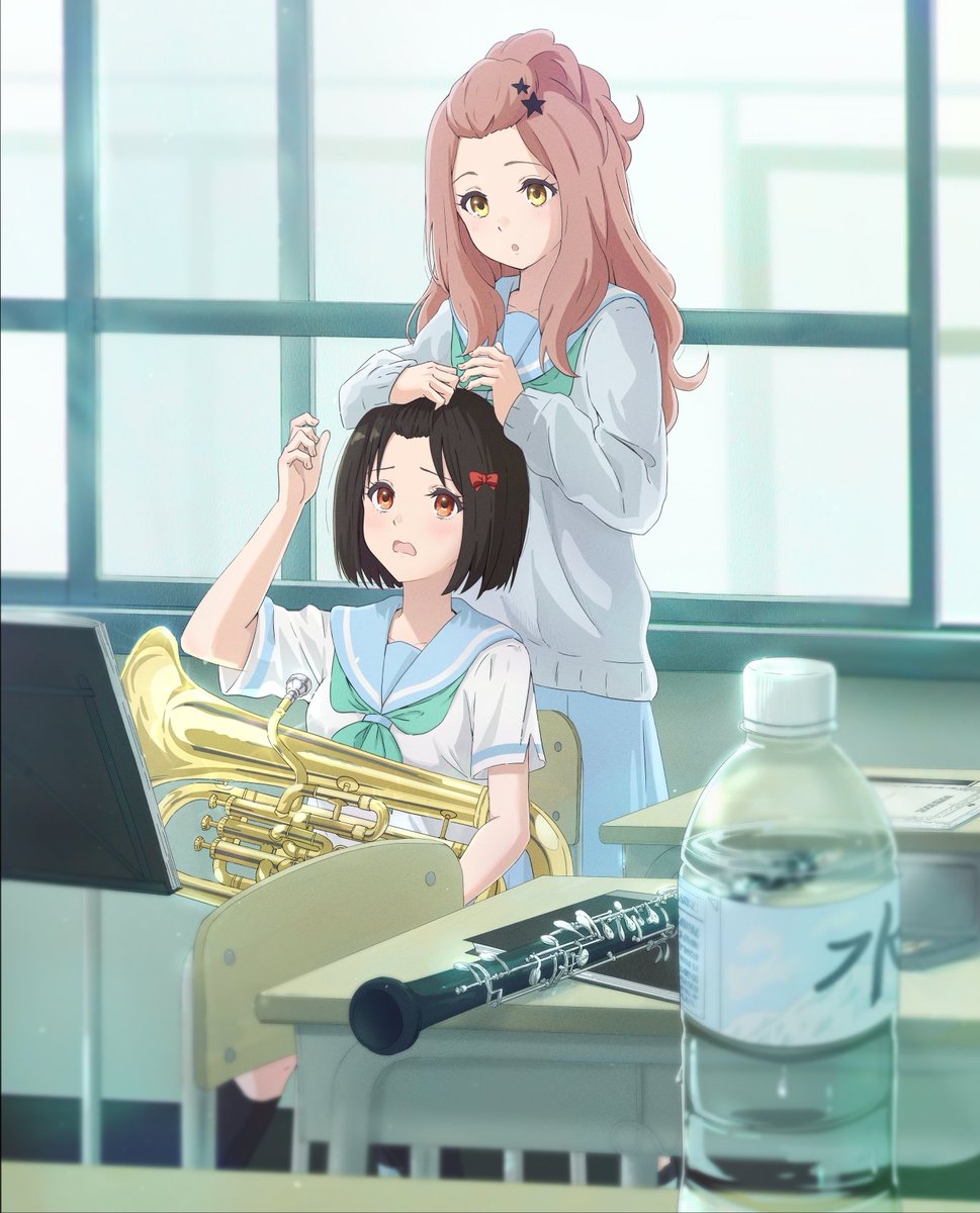 2girls arm_up bangs_pinned_back black_hair blue_sailor_collar blurry blurry_foreground bob_cut bottle brown_hair casyu_nut chair embarrassed euphonium green_neckerchief hair_ornament hair_up hands_on_another&#039;s_head hibike!_euphonium highres hisaishi_kanade holding holding_instrument instrument kenzaki_ririka kitauji_high_school_uniform light_blush long_hair medium_hair multiple_girls music_stand neckerchief oboe open_mouth parted_lips red_eyes sailor_collar school school_uniform sitting star_(symbol) star_hair_ornament sweater table water_bottle window yellow_eyes yuri