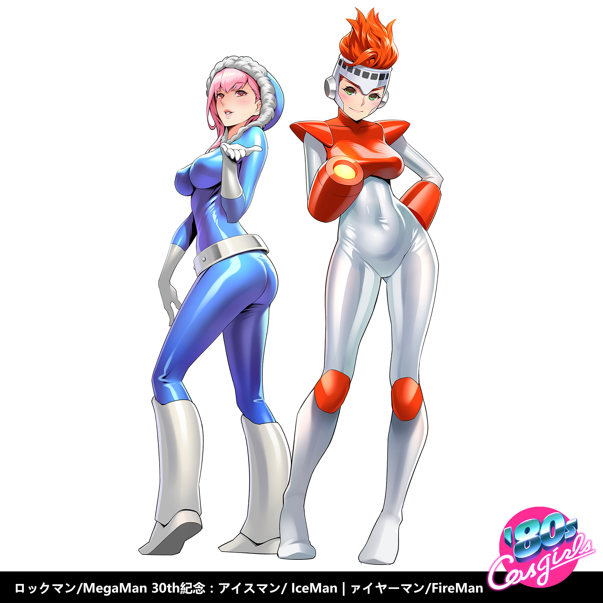 >:) 2girls arm_cannon ass belt belt_skirt blue_bodysuit blush bodysuit boots breasts character_name closed_mouth copyright_name covered_erect_nipples covered_navel elbow_gloves fire_man from_side full_body fur_trim genderswap genderswap_(mtf) gloves gluteal_fold green_eyes grey_gloves hand_on_own_hip hand_up headgear highres hood hood_up ice_man knee_boots knee_pads light_smile lips long_hair looking_at_viewer looking_to_the_side medium_breasts mega_man_(classic) mega_man_(series) mega_man_1 multiple_girls one3four! parted_lips pink_hair red_eyes red_hair rockman_(game) shiny_clothes short_hair shoulder_pads skin_tight smile standing tareme v-shaped_eyebrows weapon white_footwear