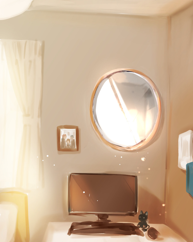 ace_trappola bedroom character_doll computer deuce_spade doll grim_(twisted_wonderland) indoors light_particles mirror no_humans still_life sunlight twisted_wonderland window yuu_(twisted_wonderland) yuuki_(yukko7474)